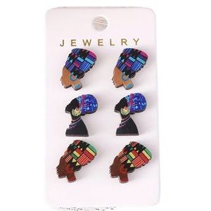 3 Pair Wooden African Lady Pierced Stud Earrings Set